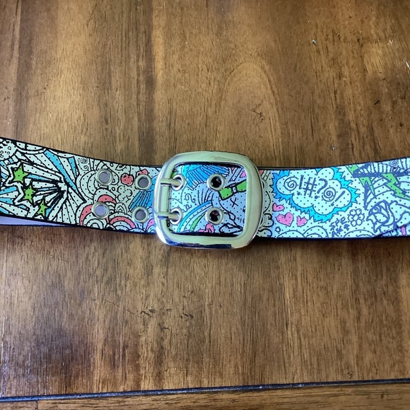 Faux Leather 1-3/4” Doodle Print Belt, Medium Skull Angel Wings Stars Pop Art - Picture 1 of 8